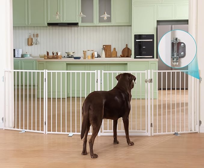 No Pawblems Full Metal Freestanding Dog Gate with Door, 30" Tall | Foldable Pet & Dog Fence for Stairs/Deck/Doorways, Indoor/Outdoor, Freestanding & Wall Mount, 104" Wide, 4 Panels, White