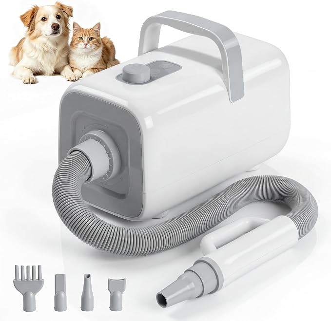 NEWBULIG Dog Hair Dryer, Dog Blow Dryer with Heater, White | 1550W High Velocity Pet Blow Dryer with Heater, Speed Temperature Adjustable Dog Blower Grooming with 4 Nozzles