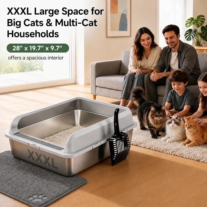 KalraMay XXXL Extra Large Stainless Steel Litter Box, Cool Gray | Large Cat Litter Box for Big & Multi-Cats, Metal Cat Box with Mat & Scoop, Non-Sticky, Anti-Leakage,Easy Cleaning