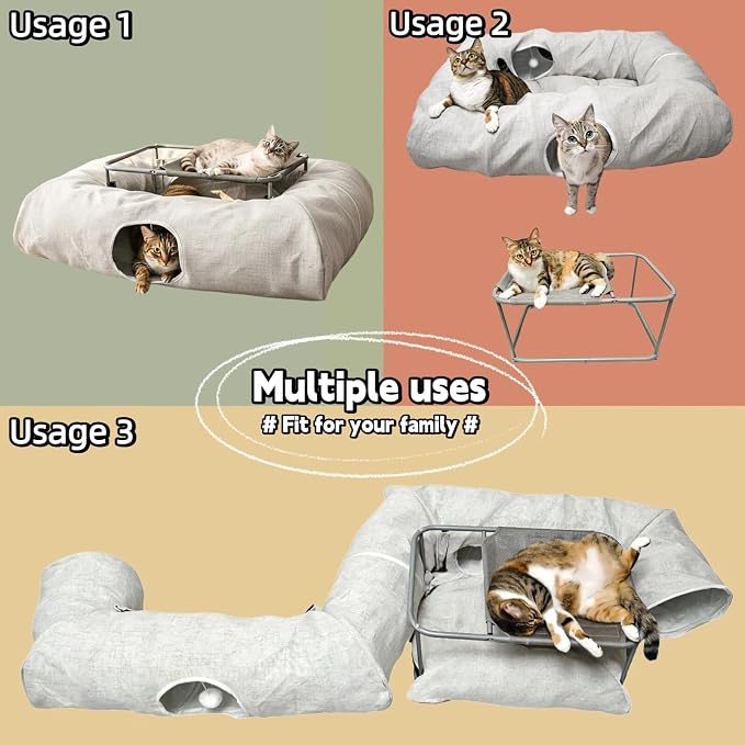 XXL 2-Tier Cat Tunnel & Hammock Bed, Scratch-Proof Linen, for All Cats Toys | XxingSheep 4 Cave Premium Hemp Fabric Cat Tunnel Bed for Indoor Cats Toys Cave Donut with Soft Mat & Toys