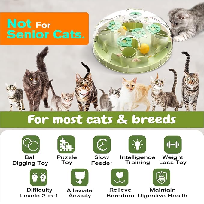 KADTC L, 2-in-1, Cat Puzzle Toy, Foraging Ball & Treat Maze for Indoor Cats | Every mealtime, pawing, batting, digging out kibble slows gobbling, curbs scarf-and-barf, burns extra energy, fights boredom.