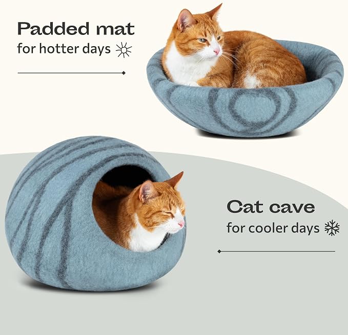 MEOWFIA Cat Cave – Premium Felt Cat Bed Enclosure for Indoor Cats, Handmade Merino Wool (Aquamarine, Medium)
