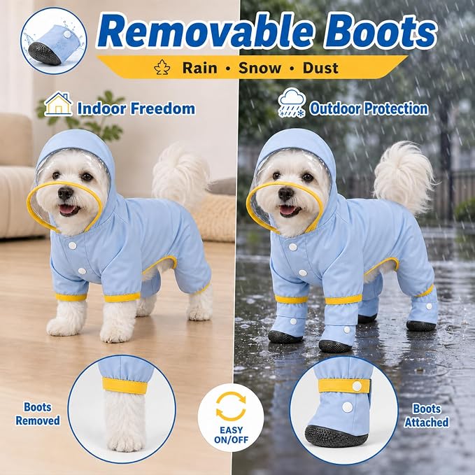 Dog Raincoat with Removable Boots, Clear Hood, Orange, M (6-9 lb) | 300D polyester with full-body coverage, reflective trim and a back D-ring for snowy, muddy and low-light walks and home use