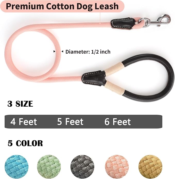 Mile High Life Pink Dog Leash with Genuine Leather Handle, 4/5/6 FT | Rope Leash, Heavy Duty 360° Swivel Metal Clasp, for Small Medium & Large Dogs (Light Pink, 72 Inch)
