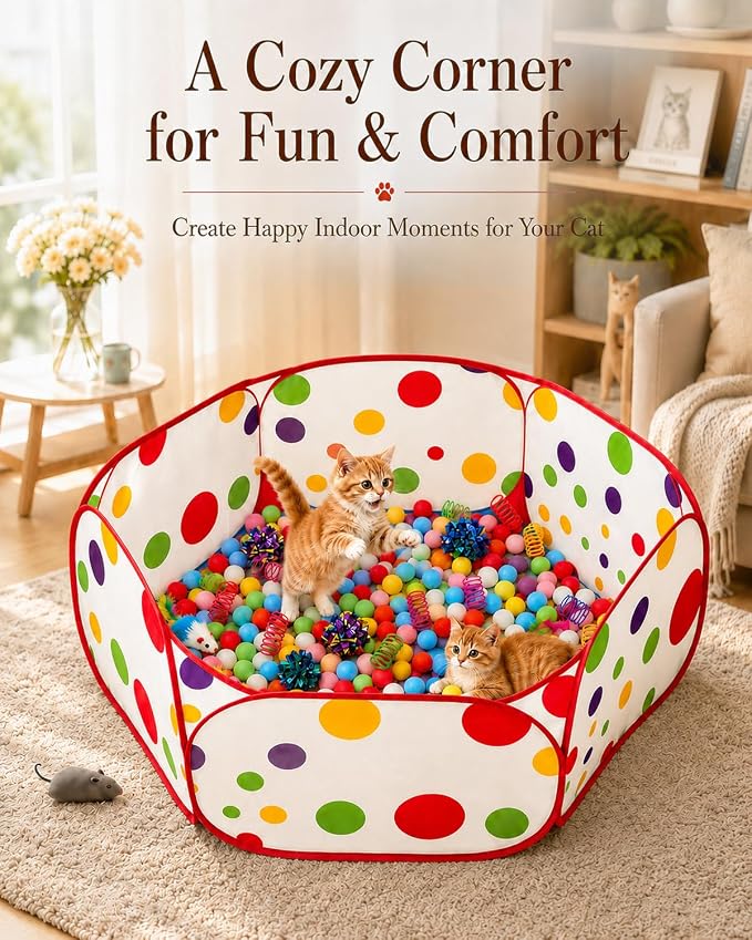 Cat Ball Pit with 227 Pcs Interactive Cat Toys, Enrichment Toys for Bored Indoor Cats Self Play, Include Pom Pom Balls Jingle and Crinkle Balls, Springs and Mice Toy for Kitten Fun and Exercise
