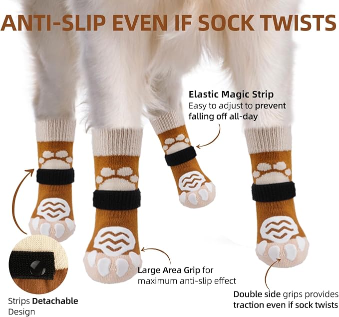 PUPTECK Anti Slip Dog Socks with Double Grippers for Hardwood Floors, Shoes for Hot/Cold Pavement, Boots & Paws Protectors to Prevent Licking, Traction Booties for Senior Small Large Dogs