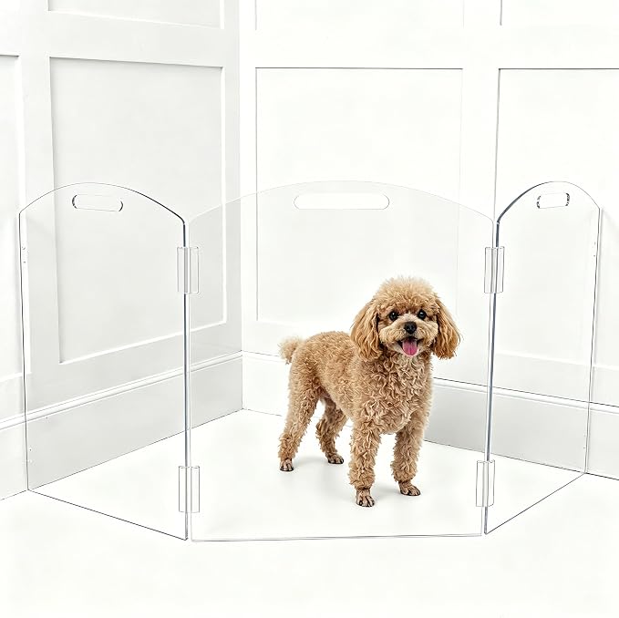 Clear Acrylic Freestanding Dog Gates for The House – Folding 3-Panels Pet Gates for Doorways,Indoor Stairs,and Hallways,No Assembly Transparent Barrier for Dogs,Puppies,and Cats