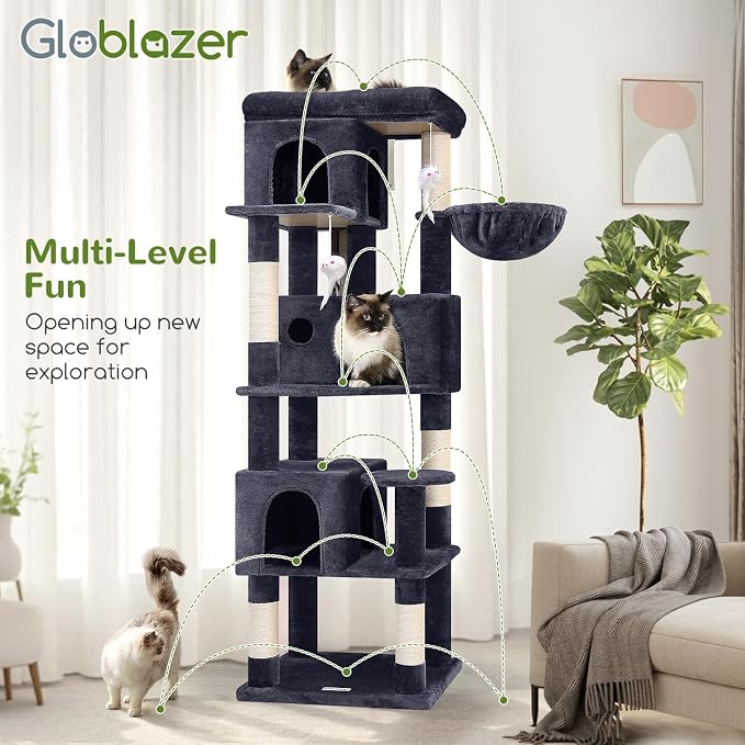 Globlazer F66 Corner Cat Tree, 66in Multi-Level Climbing Tower, Dark Grey | Kitty Condos Cat Scratching Tower for Indoor Multiple Cats with Large Platform, 3 Cat Caves, Hanging Basket