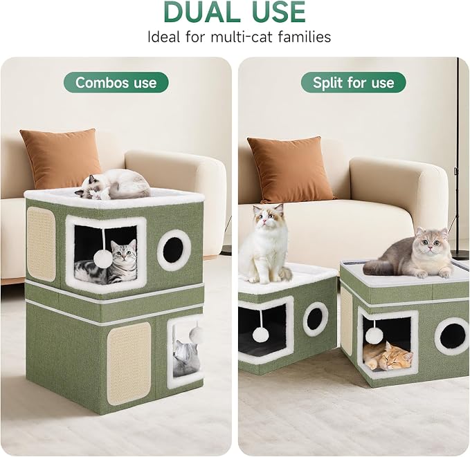 Shikha 2 Story Cat House beds for Indoor Cats with Scratch Pads Green | 2 in 1 Dual Use Double Cat Bed Cave for Multiple Pets Kitten, Elevated Perch for a Wide View, All Season Reversible Cushion