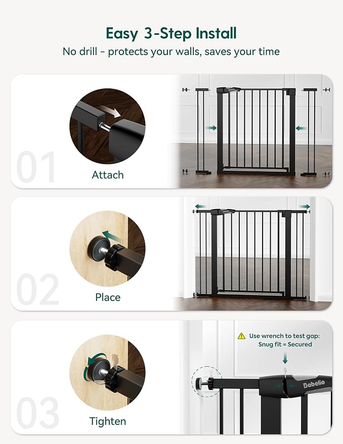 Babelio 36" Tall Baby Gate, PressGuard P7, 29-55" Auto Close Pressure Mounted Dog Gate for Doorways & Hallway, Basics Easy Walk Thru Pet Gate, Extra Wide Metal Child Gate, Black