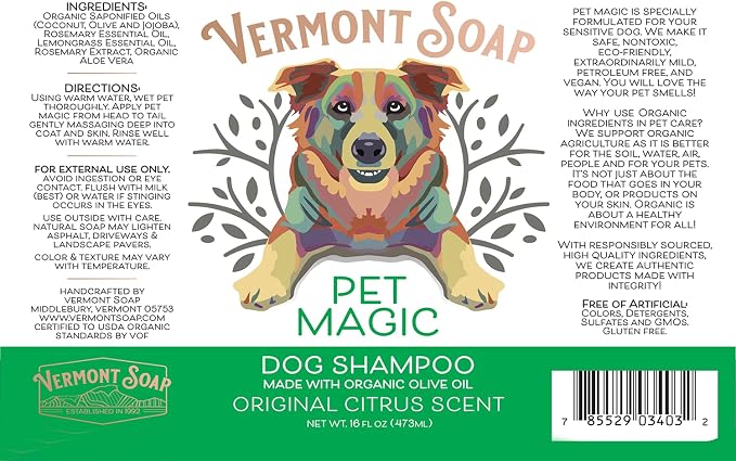 Vermont SOAP Organics Pet Shampoo - Infused with Organic & Natural Olive Oil, Coconut & Aloe Vera Dog Shampoo for Sensitive Skin - USDA Certified Grooming Pet Shampoo - Original Citrus (16oz) | Original Citrus scent, organic olive oil, coconut & aloe v...