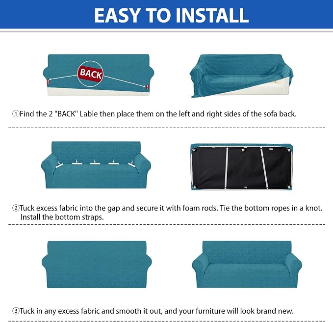 ZNSAYOTX Stretch Couch Cover, 1 Piece Sofa Covers for 3 Cushion Couch, Jacquard Sofa Slipcovers with Elastic Bottom Thickened Furniture Protector for Dog Cat Pet (Large, Peacock Blue)