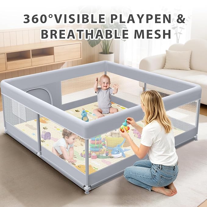 XVISHX Baby Playpen with Mat, 50 x 50 Inch Play Pen Playards, Playpen for Babies and Toddlers, Baby Playard for Indoor & Outdoor Active Center Game Fence, Skin-Friendly Fabric and Soft Breathable Mesh
