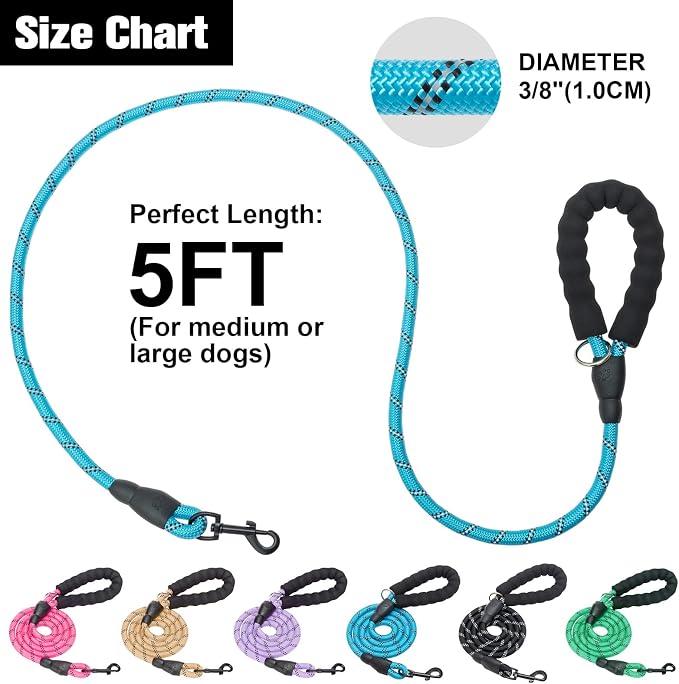 BEAUTYZOO Heavy Duty Rope Dog Leash 6 Pack, 6FT Nylon Pet Leash with Reflective Thread, Soft Padded Handle Thick Lead Leash for Large Medium Dogs Small Puppy, 1/2inch X 6 FT (18~120 lbs)