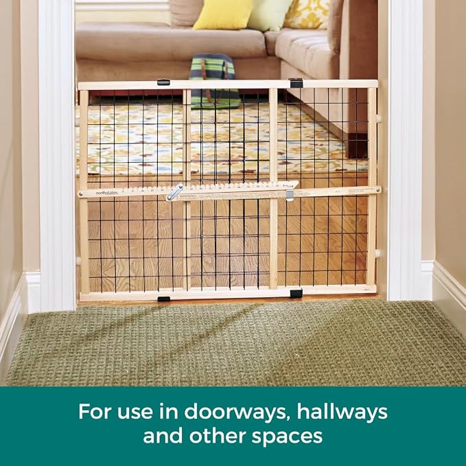 MYPET Wire Mesh Dog Gate: 26.5"-42" Wide Pressure Mounted with No Tools; Expandable, Durable Pet Gates for Doors and Hallways, 23" Tall, Made with Sustainable Hardwood