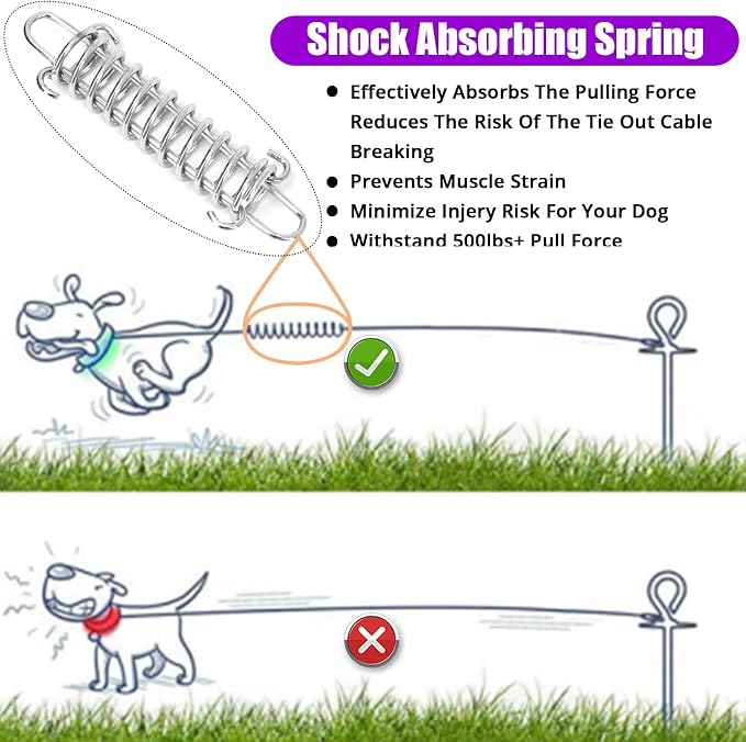 jenico Dog Tie Out Cable - 25ft Dog Lead for Yard - Heavy Duty Dog Chain with Shock Spring - Outdoor Tether Leash for Small Large Dogs Up to 500 lbs