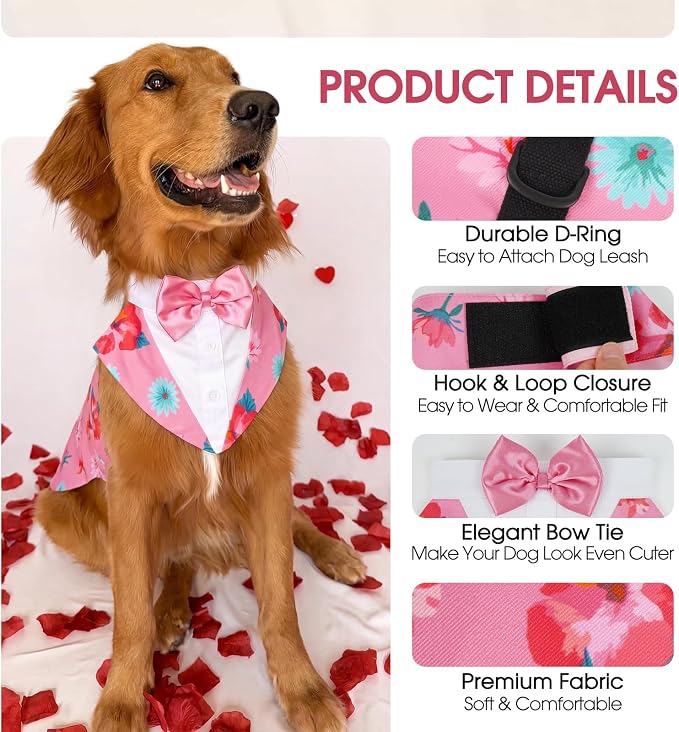 Kuoser Dog Tuxedo, Dog Suit and Bandana Set, Dogs Costume with D-Ring | Formal Dog Outfit with Detachable Bowtie Collar for Wedding, Birthday, Party, Christmas, Halloween, Pink Flower 2XL