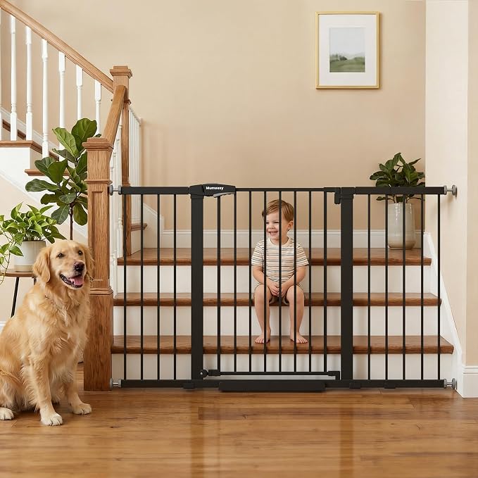 Mumeasy 29.7-57" Extra Wide Baby Gate,Dog Gate Indoor for Doorways & Stairs | No Drilling Pressure Mounted Pet Gate for Dogs Outdoor, Auto Close Easy Walk Thru Child Safety Gate for Hallways, House,Black