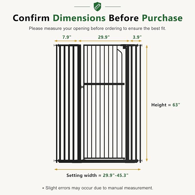 Floisdace 63" Extra Tall Pet Gate for Cat/Dog, Adjustable 29.9-45.3" Wide Auto Close Tall Cat Gate, No Drilling Pressure Mount Kit, Dog Gate for Doorways, Hallways, Kitchen, Black