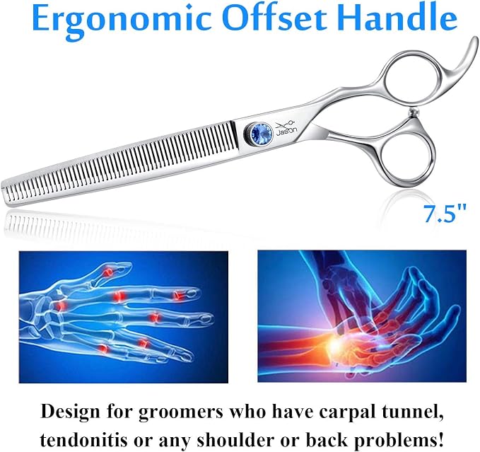 JASON Dogs Grooming Thinning Scissors - 7.5" 56-Tooth Blending Cats Shears | Pets Blender Thinner Trimming Texturizing Kit with Offset Handle, Blue Jewelled Screw