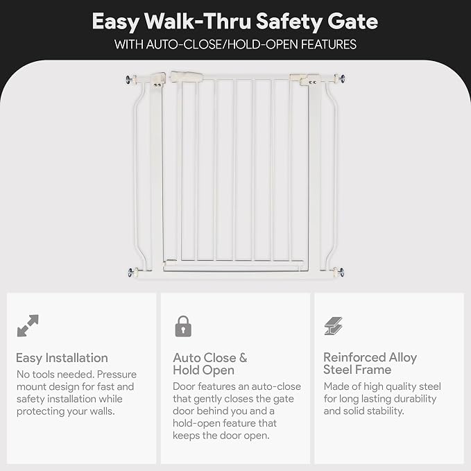 BalanceFrom Easy Walk-Thru Safety Gate for Doorways and Stairways with Auto-Close/Hold-Open Features, 30-Inch Tall, Fits 29.1-33.8 Inch Openings, White | 30" Tall Gate for Doorways and Stairways with Auto-Close/Hold-Open