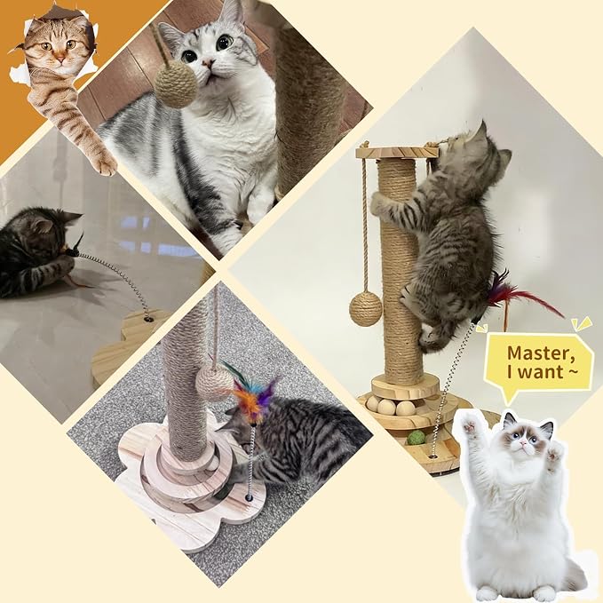 4-in-1 Wider Cat Scratching Post for Large Cats, Cat Tower for Indoor Cats | Wooden Cat Scratcher Toy w/ 2-Level Track, 8 Balls, 2 Sisal Balls & 2 Wand Toys; Stable Indoor Activity Center for All Ages