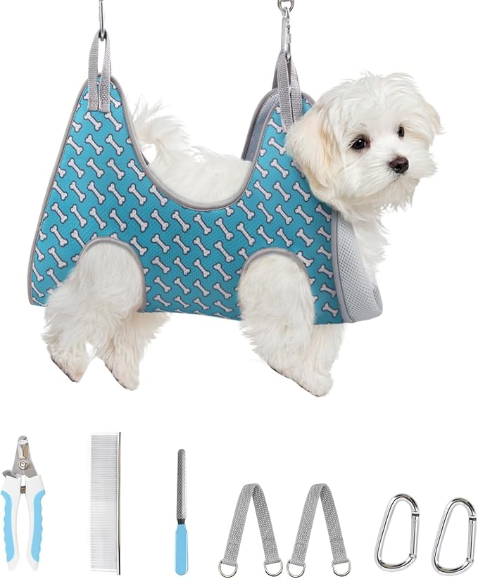 Supet Dog Grooming Hammock for Nail Trimming, Pet Grooming Hanging Harness | Restraint Dog Leashes Sling, Stress-Free Animal Holder Set for Clipping Nails, Ear & Eye Cleaning, Medicine(Coral Blue, XS)