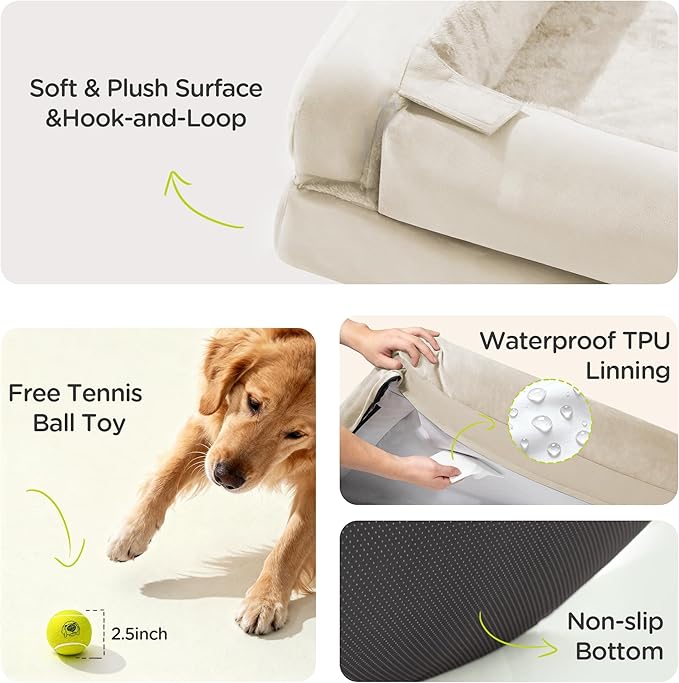 Waterproof Orthopedic Dog Bed for Medium Large Sized Dogs | Memory Foam Pet Bed Sofa with Bolster, Dog Couch with Washable Cover & Non-Slip Bottom, 36x27 Inch, Beige