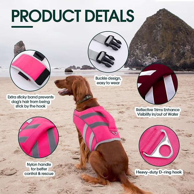 Kuoser Reflective Dog Life Jacket, Dog Life Vest for Swimming Boating | Adjustable Pet Lifejackets, High Flotation Doggie Swimsuit with Rescue Handle for Small Medium Large Dogs