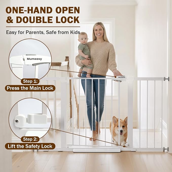 Mumeasy 29.7–51 Inch Extra Wide Baby Gate for Stairs, Extra Long Indoor Dog Gate for Doorways, Pressure Mounted Walk Thru Child Gate with Auto-Close, No-Drill Safety Pet Gate with Door for House,White