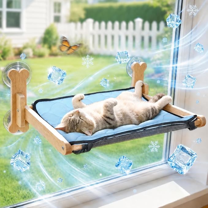 SZEE Cat Window Perch, Cooling Window Cat Bed with Cooling Mat, Foldable Pet Perch Hammock with Sturdy Wooden Frame & Large Suction Cup, with Soft Flannel Plush Backing for All-Season Use