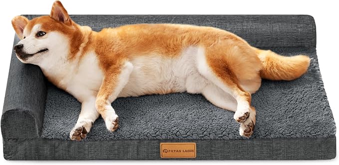 Patas Lague Orthopedic Medium Dog Bed Pet Sofa Beds 30''X20''Dark Grey | L Bolster Egg-Crate Foam Dog Couch For Medium Dogs, Waterproof Removable Washable Cover, Pet Mat with Nonskid Bottom