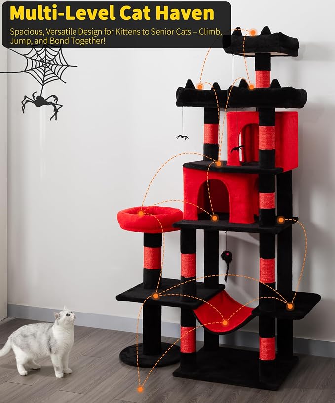 Gothic Cat Tree, 71 Inch Heavy Duty Cat Trees for Large Cats | Cat Tree Tower for Indoor Cats Large Adult with Cat Scratching Post & 2 Condos, 9 Sisal Posts & Hammock, Black Red