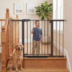 Mumeasy 29.7–48" Baby Gate for Stairs, Dog Gate for Doorways, Auto Close Child Gate, Indoor Safety Pet Gate with Walk Thru Door, Easy Install Pressure Mounted Extra Wide Gate for Kitchen, House, Brown