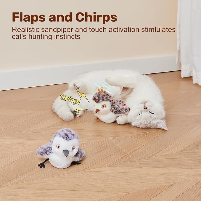 Potaroma Cat Toys 2 Pcs Flapping Sandpiper Pair-Mate | Lifelike Birds Chirp, Chargeable Touch Activated Kitten Fun Interactive Kitty Exercise with Catnip for All Breeds