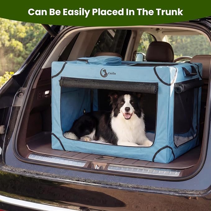 Portable Collapsible Soft Dog Crate for Extra Large Dogs,42in Blue | Oxford Cloth Travel Camping dog kennel with 4 Mesh Windows & 2 Storage Pockets,for Indoor & Outdoor Use