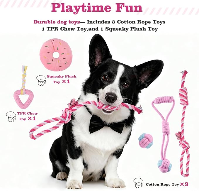 Puppy Supplies Starter Kit, Pink Puppy Essentials for Small Dogs | Bowls, toys, toothbrush, treat pouch and more in one pink puppy kit; ideal welcome home gift for small dogs and new puppies
