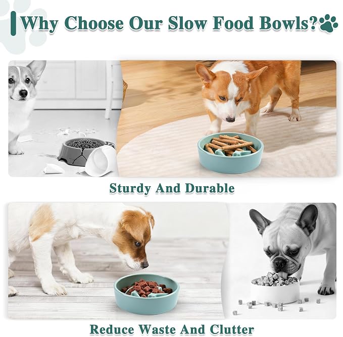 Ceramic Slow Feeder Dog Bowls, 0.6 Cups Dog Food Dish for Small Breed | Puzzle Dog Food Bowl for Fast Eater, 15OZ, 6.3 inch (Light Green)
