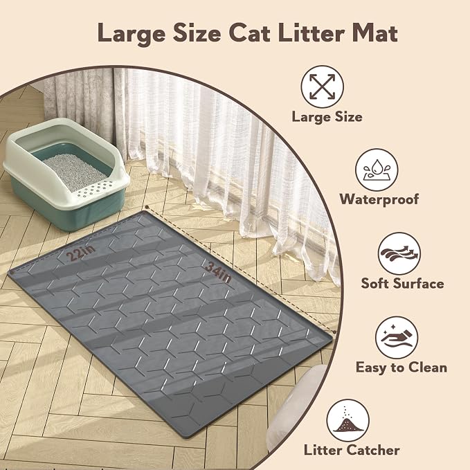 Garoopion Silicone Cat Litter Mat 34×22 inch, Easy to Clean, Dark Gray | Waterproof Silicone Mat with Raised Edges, Catch Litter, Protect Floor from Urine, Multi-Use for Dog/Sink/Kitchen/Boots