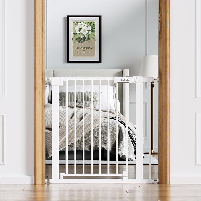 Babelio Baby Gate for Doorways and Stairs, 31-36" Pet Gate with Wide Door | Pressure/Wall Mount; Triple-lock System; Auto-close; 200N Impact Tested; Easy Install for Doorways, Kitchen, Hallway, White