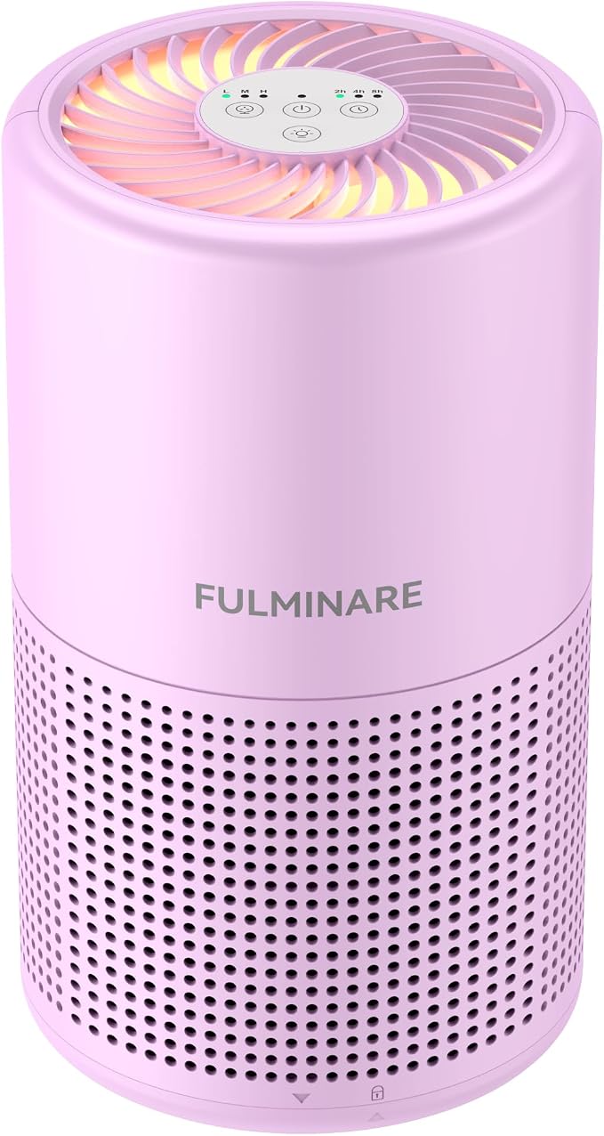 FULMINARE Air Purifiers for Home Bedroom H13 HEPA Air Filter | 360° Intake for Pet Hair, Smoke, Odors , 3 Speeds, Timer, 24dB, Small Mini Air Purifier with Night Light, Purple