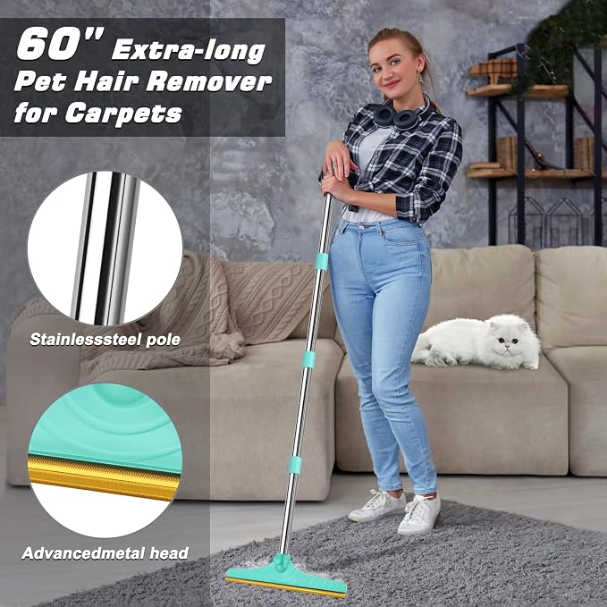 Carpet Rake for Pet Hair Removal, Reusable Carpet Scraper for Rug | Remover with 60” Adjustable Long Handle,Dog Cat Hair Remover Tool for Rugs, Mats, Couch, Blue