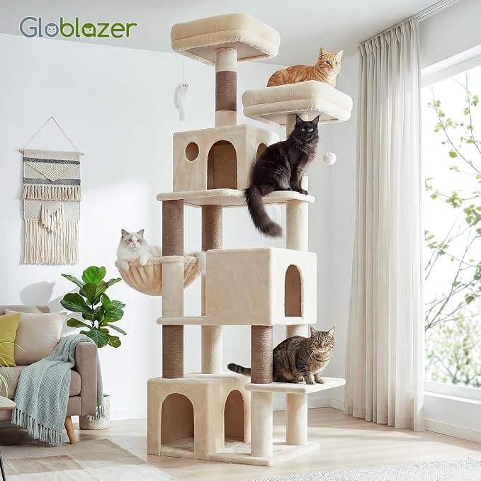 Globlazer F71 Cat Tree Tall, 71in Cat Tower for Indoor Cats, Beige | Multi-Level 3 Condos for Indoor Cats, XL Cat Tree Tower with Scratching Posts, Soft Extra Large Hanging Basket
