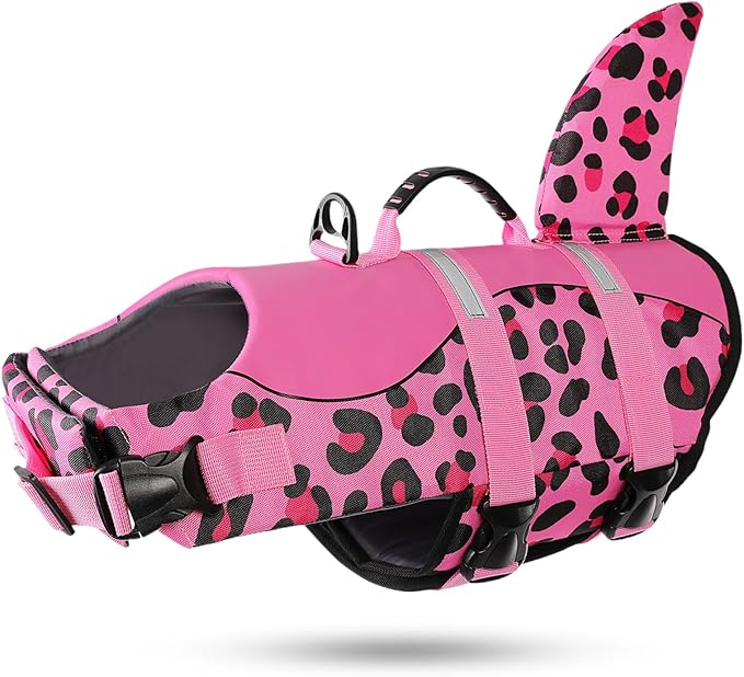 ASENKU Dog Life Jacket - Pet Safety Vest for Swimming & Boating, Shark Life Jacket with Floatation, Dog Lifesavers Swimsuits for Small Medium Large Dogs (Pink Leopard, 2XL)