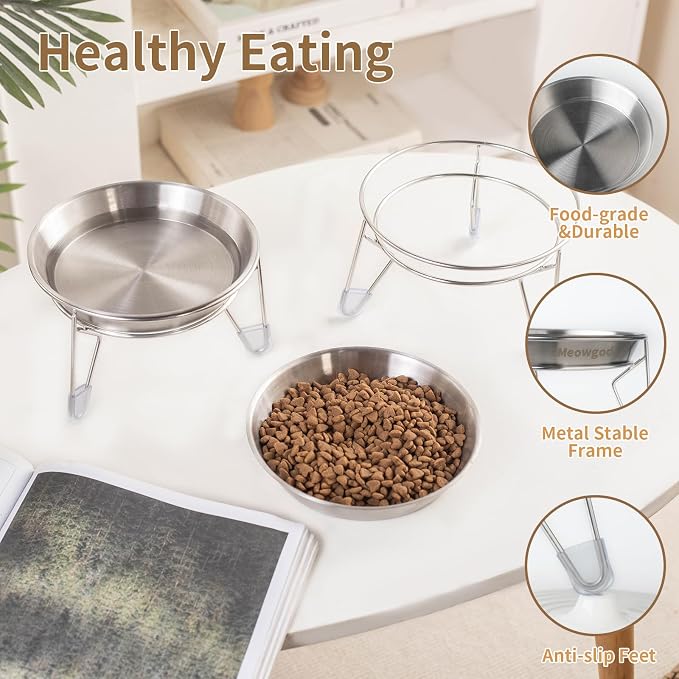 Elevated Cat Bowls,6.7" Extra Wide Raised Stainless Steel Cat Food Bowls with Anti-Slip Metal Stand Whisker Friendly Water Dishes for Indoor Cats and Small Dogs-2pack