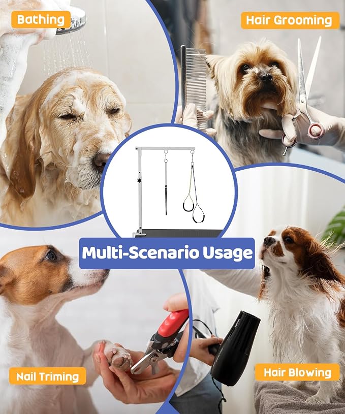 Dog Grooming Arm with Clamp for Small Dog, Adjustable Height to 33in, Pet Grooming Arm for Table with 1 Loop Noose & 2 No Sit Haunch Holder for Home & Store Nail Trimming (Table Not Include)