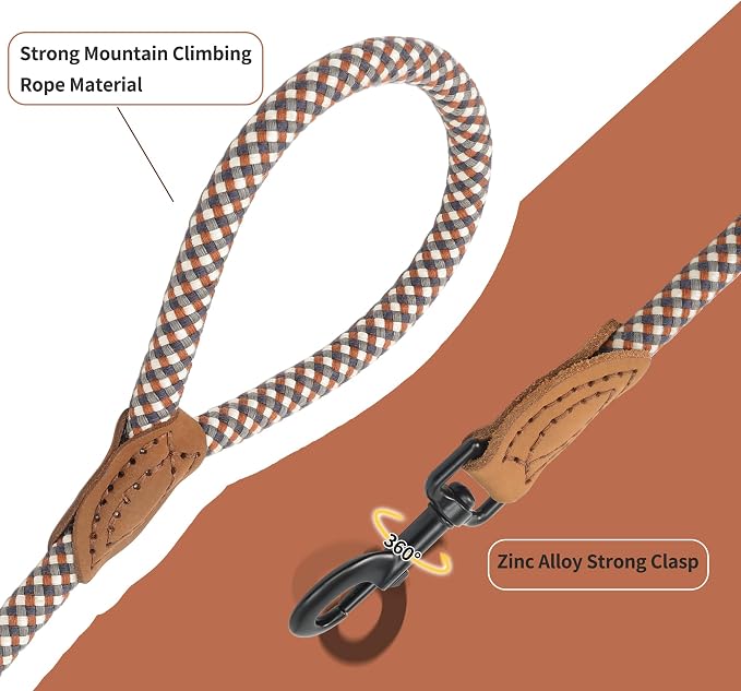 Mile High Life Dog Leash with Genuine Leather Connection, 6 FT/5 FT/4 FT | Rope Leash, Heavy Duty 360° Swivel Metal Clasp, for Small Medium & Large Dogs (Brown, 72 Inch)
