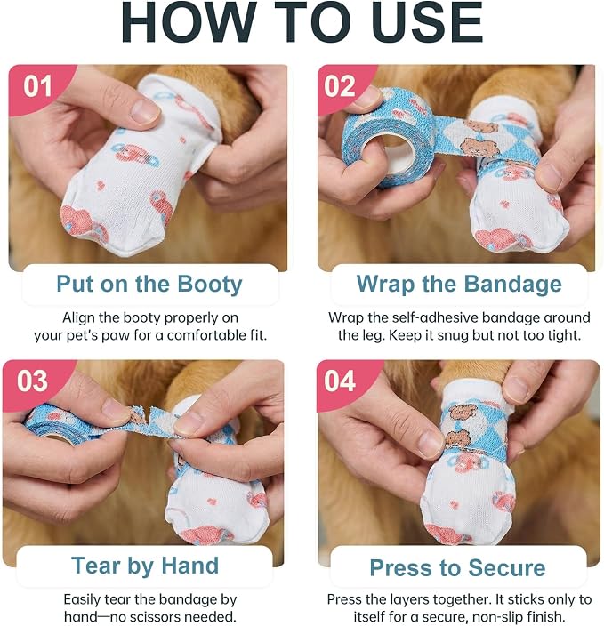 Disposable Dog Booties with 4 Rolls Bandages, Dog Paw Protectors for Hot Pavement, Dog Boots to Prevent Licking Paws & Recovery, Gentle Paw Covers 32 Pcs (Size L: Paw Width 2.57-3.15")