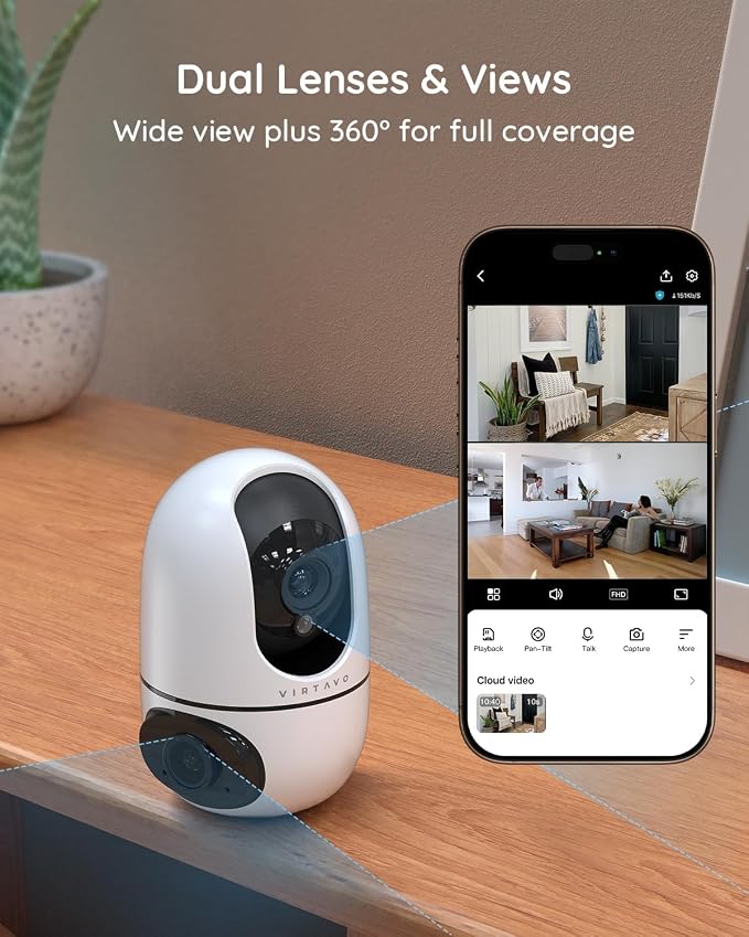 VIRTAVO Pet Camera Indoor No Subscription 2 Pack, for Dog Cat Baby | Dual Lens Dual View, 360° PTZ, Auto Motion Tracking, 2-Way Audio, Night Vision, Phone App, SD & Cloud, Wired