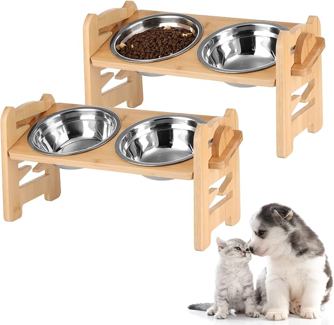 2 Set Elevated Dog Cat Bowls, 15 Tilted Raised Pet Bowl for Puppy and Cats Adjustable Dog Food Feeding Dishes Wood Stand Pet Feeder with Stainless Steel and Non Slip Feet